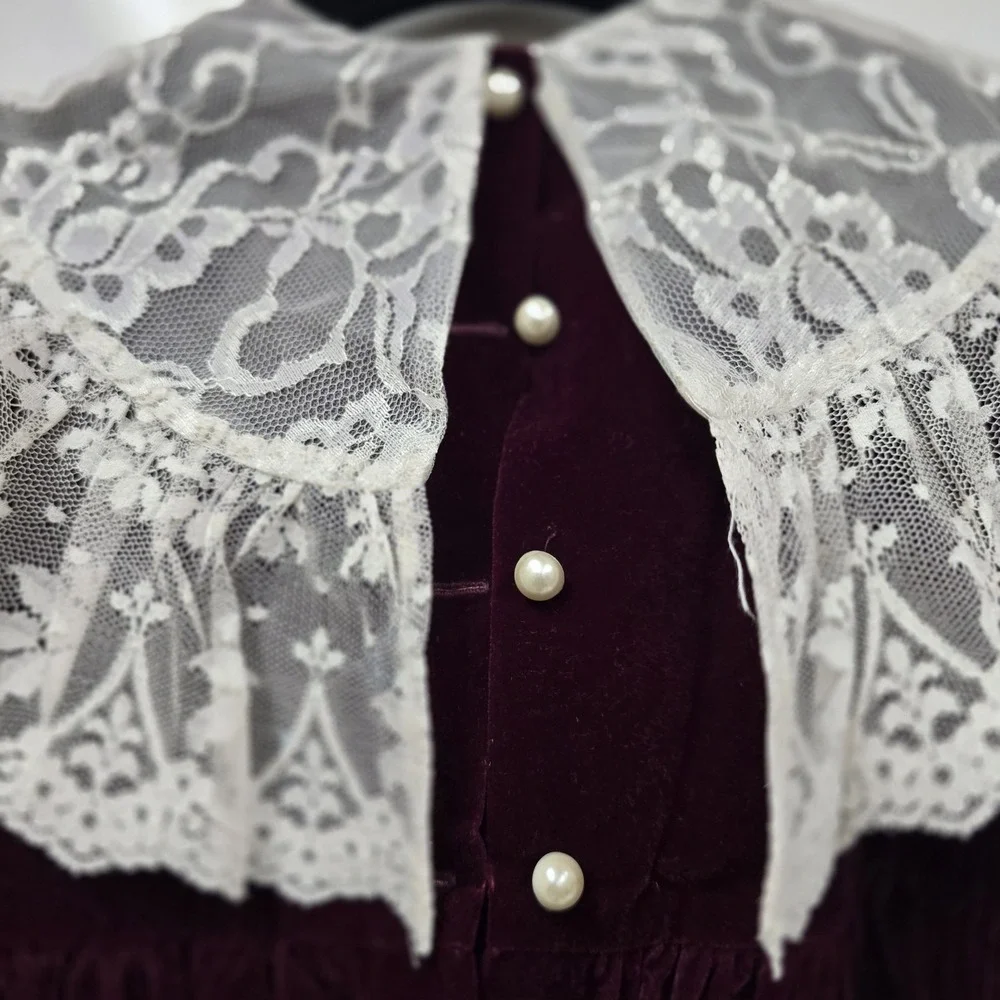 Vintage Sarah Kent Victorian Maroon Ivory Velvet Dress Lace‎ Girls Size 6 Bow
